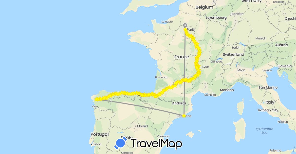 TravelMap itinerary: driving, plane, hiking in Spain, France (Europe)